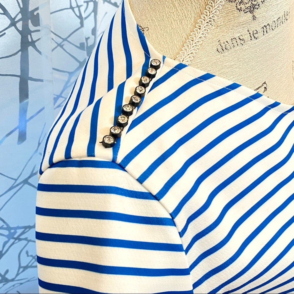 Maje white blue stripe rhinestone row shoulder detail long sleeve sweater top - Picture 4 of 14